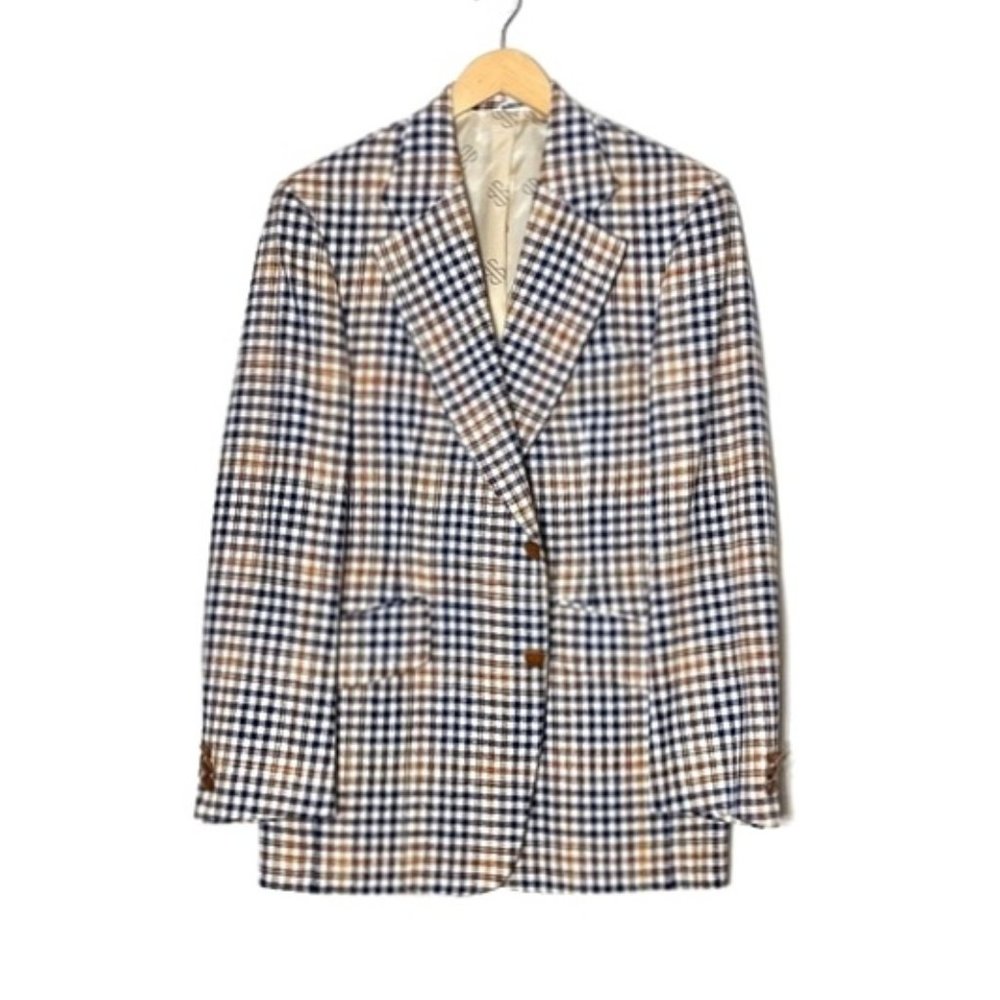 Vintage 70s 80s Bill Blass Sport Coat Blazer Blue Gold Check 42